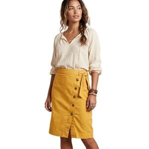 ANN TAYLOR Linen Blend Skirt Size 12 Marigold Yellow Button Side Tie Belt